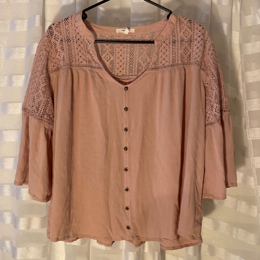 Light Rose Pink Feminine Blouse w/ Bell Sleeves 1X